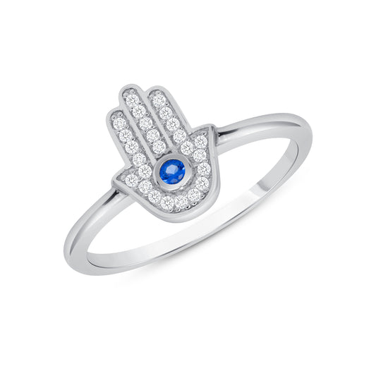 Silver 925 Rhodium Plated Blue Cubic Zirconia Hamsa Hand Ring. DGR2323