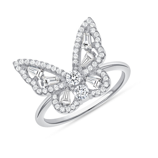 Silver 925 Rhodium Plated Clear Cubic Zirconia Butterfly Ring. DGR2325