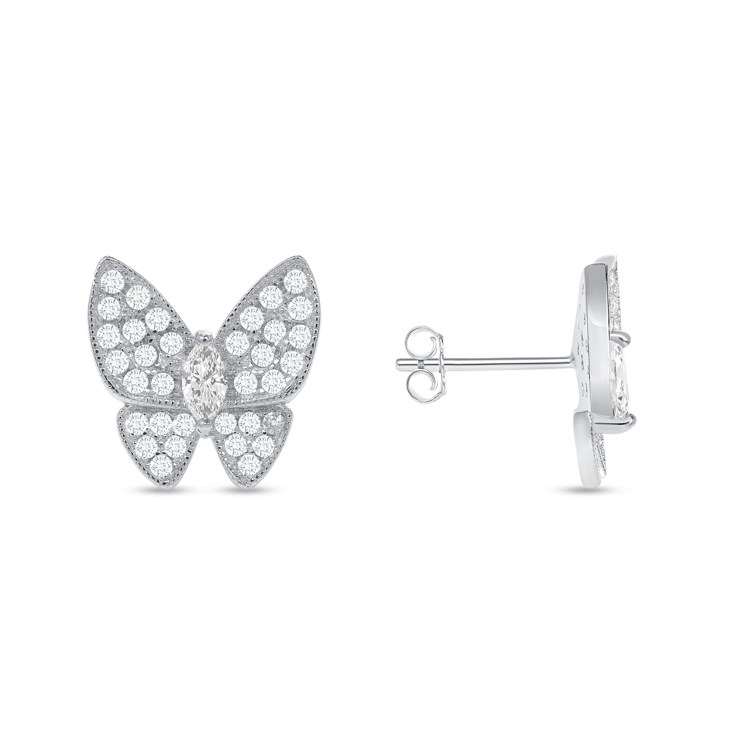 GE4078. Silver 925 Rhodium Plated Butterfly Cubic Zirconia Stud Earring