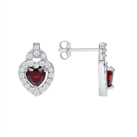 GE4290RED. Silver 925 Rhodium Plated Red Heart Cubic Zirconia Stud Earring