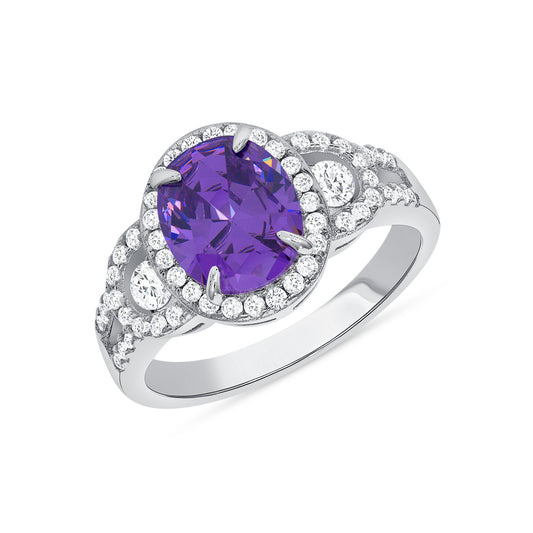 Silver 925 Rhodium Plated Purple Cubic Zirconia Oval Center Stone Ring. GR10033