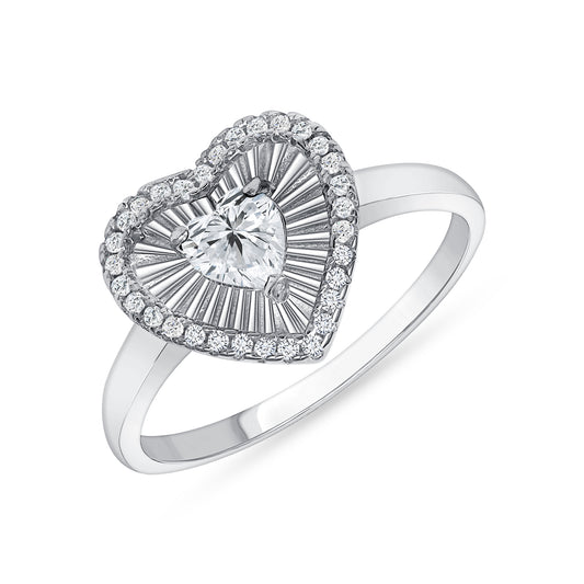 Silver 925 Rhodium Plated Heart Cubic Zirconia Stone Ring. GR10570CLR