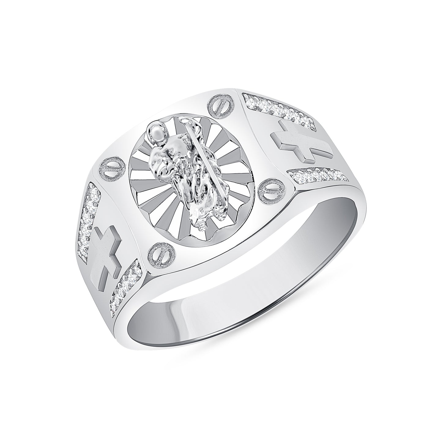Silver 925 Rhodium Plated Saint Jude Side Cross with Cubic Zirconia Men's Ring. GR10711