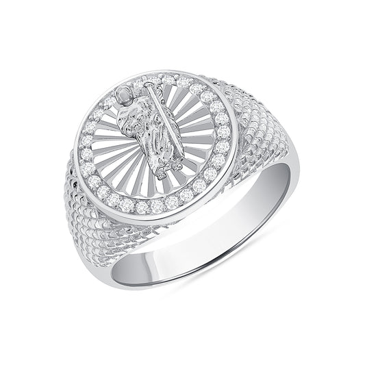 Silver 925 Rhodium Plated Saint Jude Diamond Cut Men's Ring. GR10713