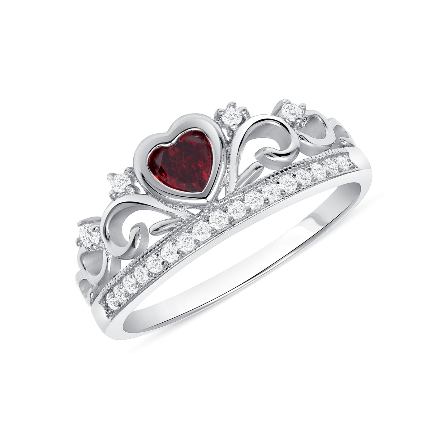 Silver 925 Rhodium Plated Red Cubic Zirconia Heart Crown Ring. GR5165RED