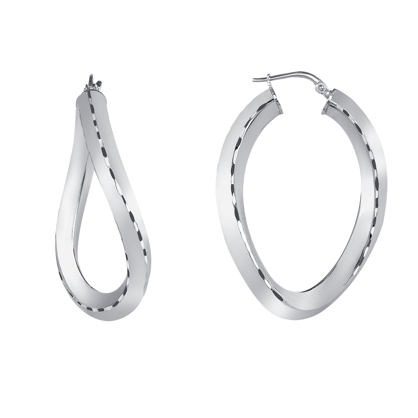 Silver 925 Rhodium Plated Italian Silver Twisted Oval Plain Hoop Diamond Cut Edges Earring. ITHP144-25MM