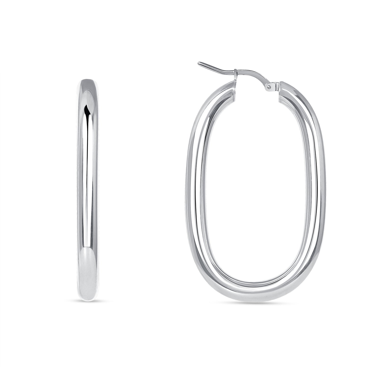 Silver 925 Rhodium Plated Italian Silver Square Oval Plain Hoop Earring. ITHP154-25MR