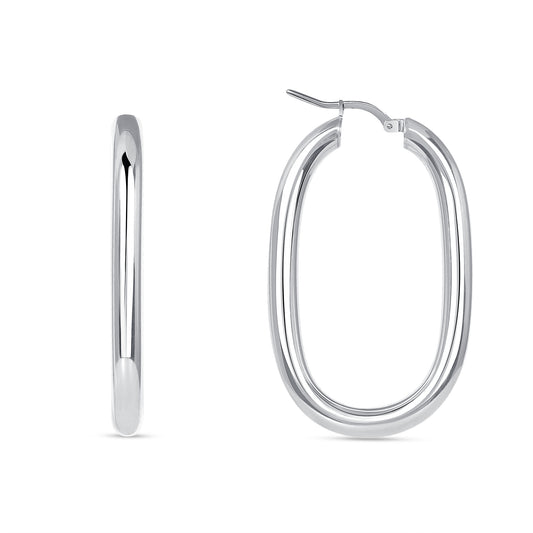 Silver 925 Rhodium Plated Italian Silver Square Oval Plain Hoop Earring. ITHP154-25MR