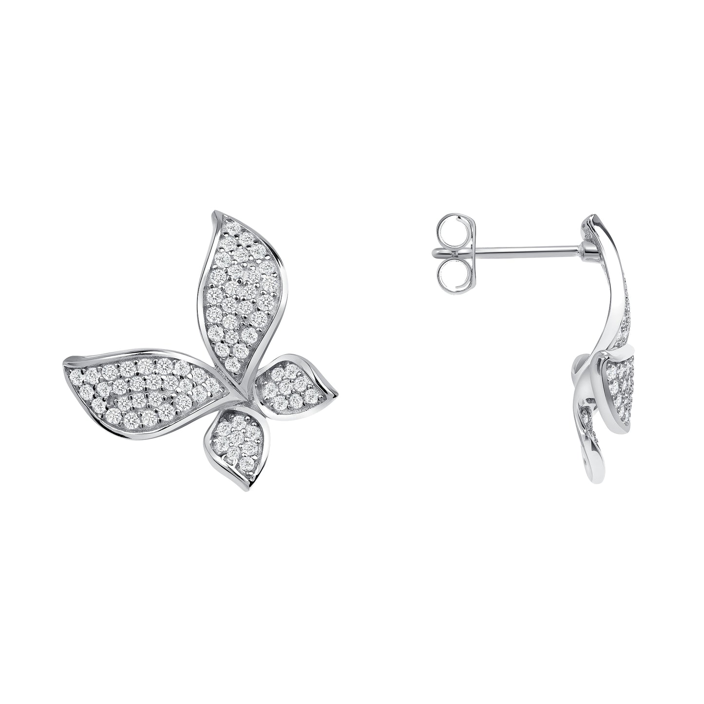 Silver 925 Rhodium Plated Butterfly Cubic Zirconia Stud Earring. KE0455