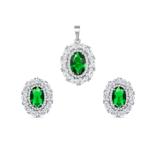 Silver 925 Green Cubic Zirconia Oval Shape Set. SETBP15393GRN