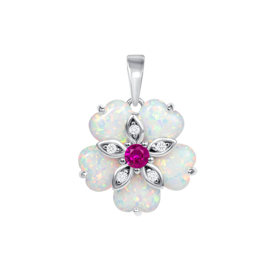 Silver 925 White Opal Petal Shape Red Cubic Zirconia Set. SETBP15419