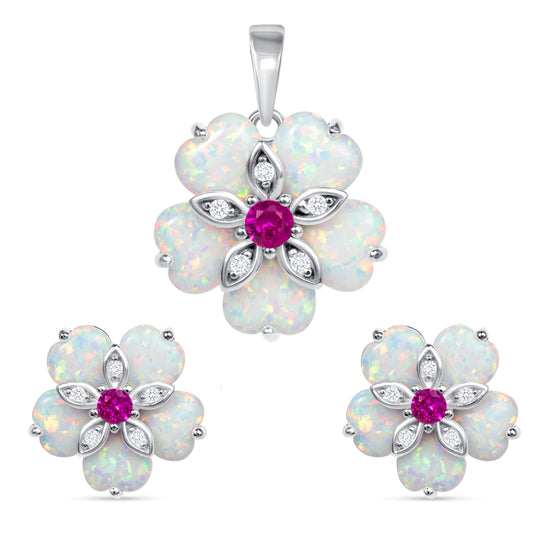 Silver 925 White Opal Petal Shape Red Cubic Zirconia Set. SETBP15419