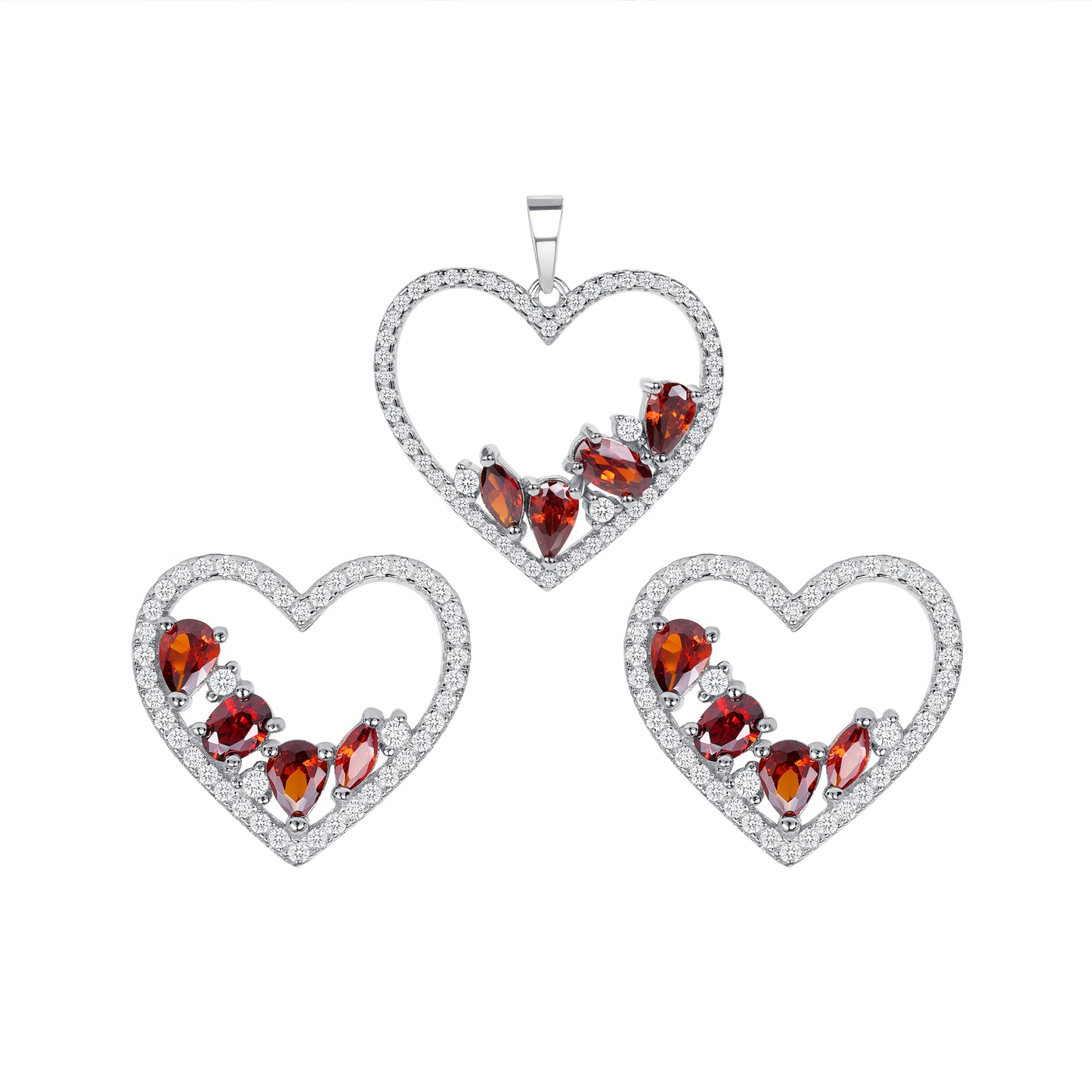 Silver 925 Rhodium Plated Red Stone Cubic Zirconia Heart Set. SETBP15161