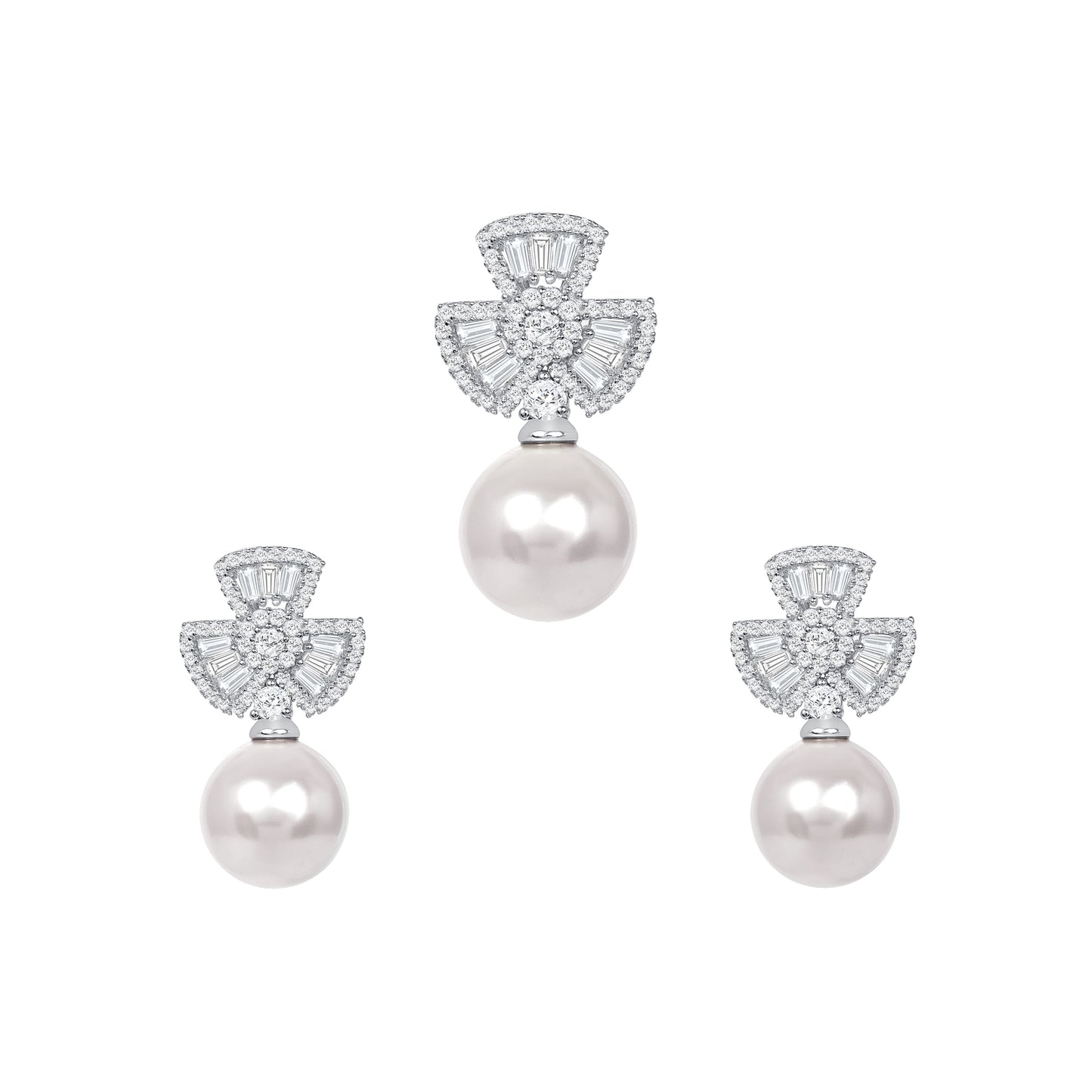Silver 925 Rhodium Plated White Pearl Cubic Zirconia Set. SETDGP1782